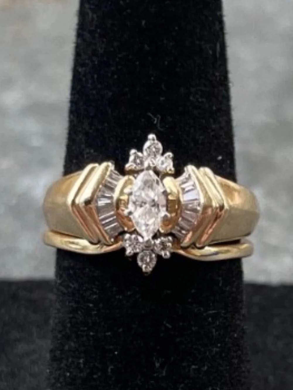 14k Gold Marquise Baguette Bridal Set 1990s--size 3.5 Rare, Vintage Petite Fit